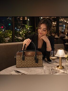 Coach Brown Signature Canvas Satchel with Black Trim